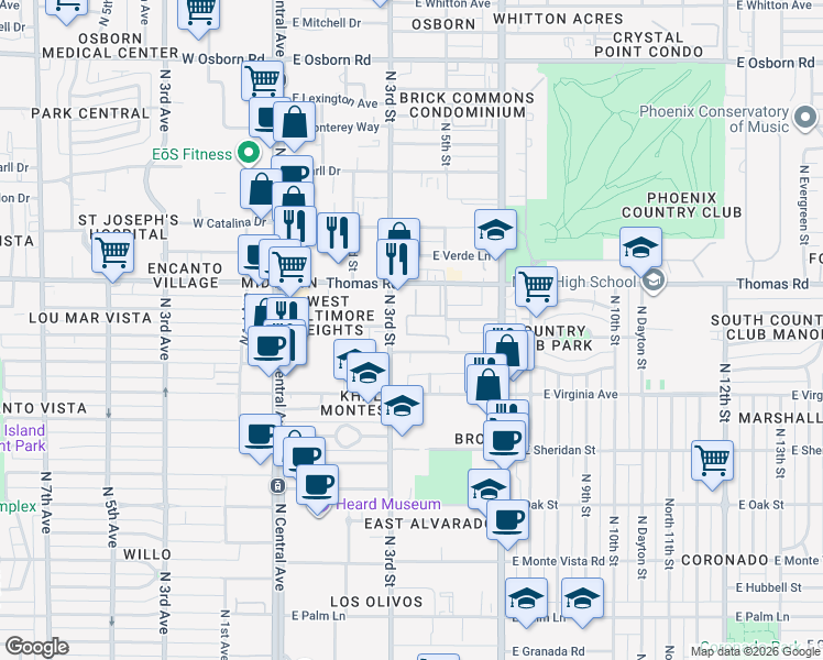 map of restaurants, bars, coffee shops, grocery stores, and more near 349 East Thomas Road in Phoenix