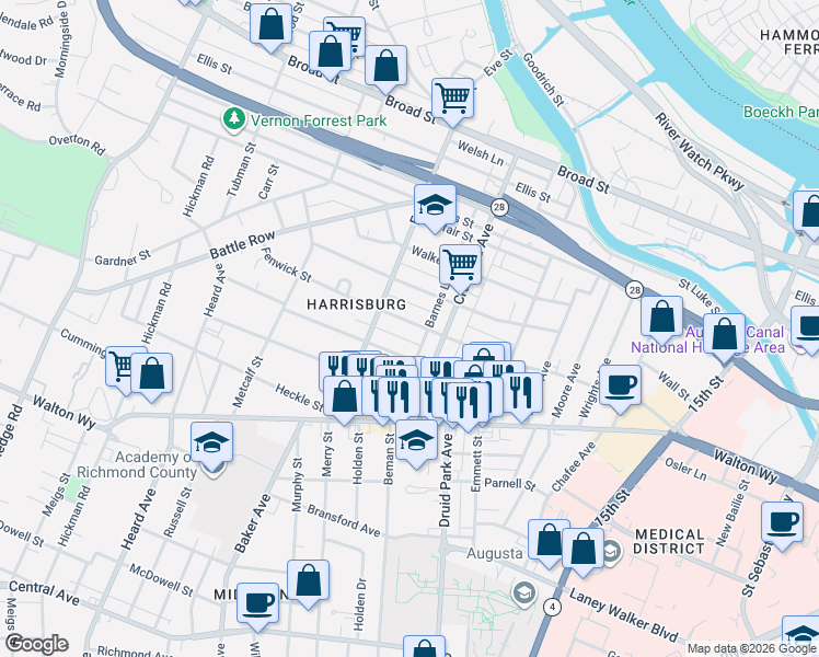 map of restaurants, bars, coffee shops, grocery stores, and more near 1830 Fenwick Street in Augusta