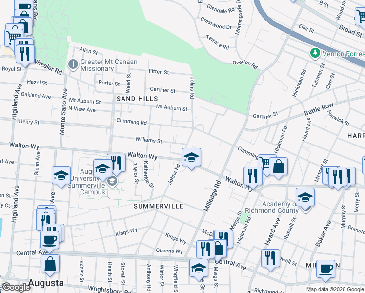 map of restaurants, bars, coffee shops, grocery stores, and more near 7 Bransford Place in Augusta