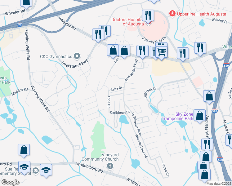 map of restaurants, bars, coffee shops, grocery stores, and more near 4019 Calypso Drive in Augusta