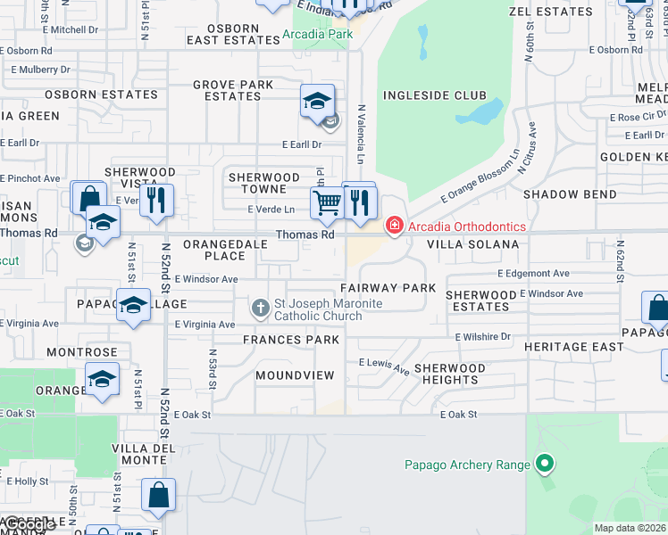 map of restaurants, bars, coffee shops, grocery stores, and more near 5525 East Thomas Road in Phoenix