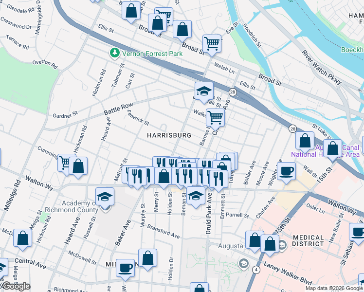 map of restaurants, bars, coffee shops, grocery stores, and more near 1855 Starnes Street in Augusta