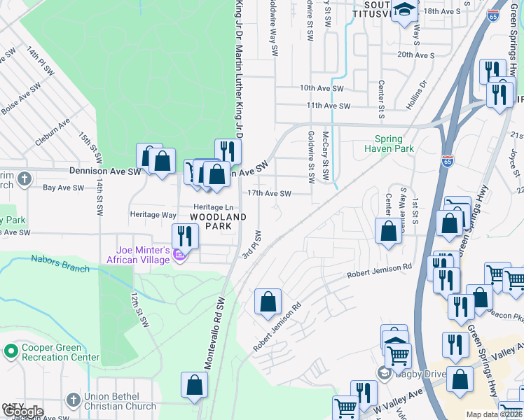map of restaurants, bars, coffee shops, grocery stores, and more near 1725 3rd Place Southwest in Birmingham