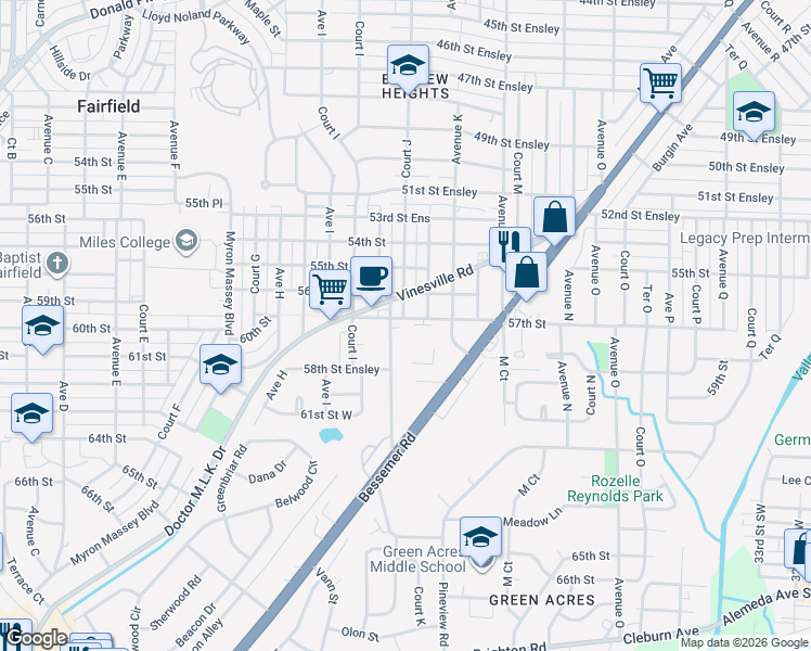 map of restaurants, bars, coffee shops, grocery stores, and more near 5710 Monte Sano Road in Birmingham
