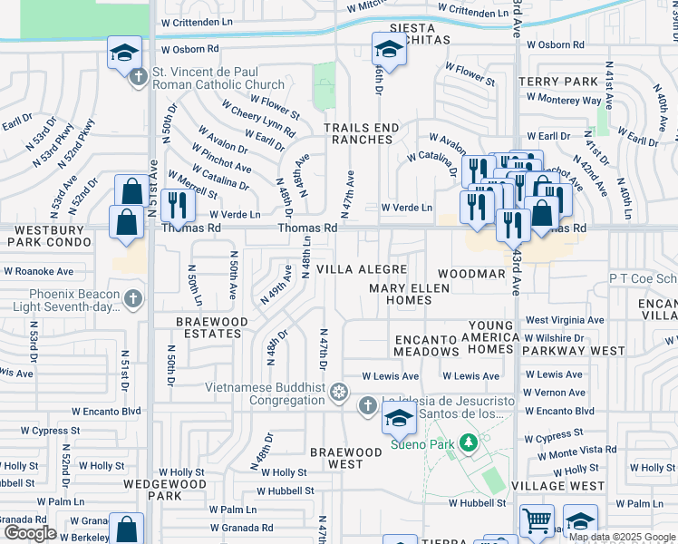 map of restaurants, bars, coffee shops, grocery stores, and more near 4625 West Thomas Road in Phoenix