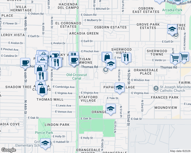 map of restaurants, bars, coffee shops, grocery stores, and more near 4921 East Windsor Avenue in Phoenix