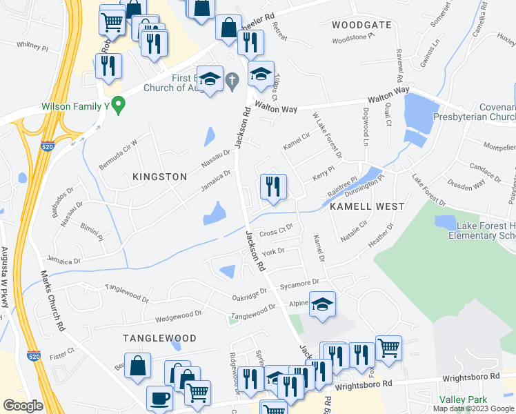 map of restaurants, bars, coffee shops, grocery stores, and more near 467 Forest Hills Drive in Augusta