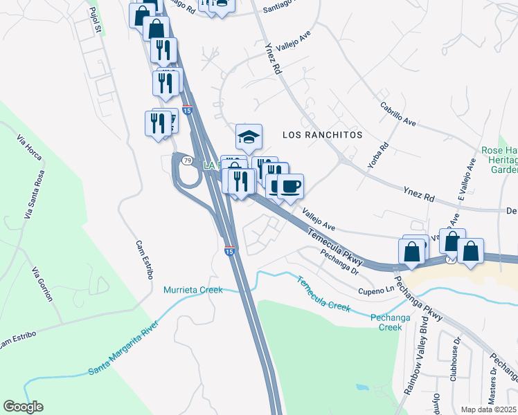 map of restaurants, bars, coffee shops, grocery stores, and more near 44520 Bedford Court in Temecula