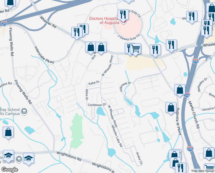 map of restaurants, bars, coffee shops, grocery stores, and more near 109 Barts Drive in Augusta