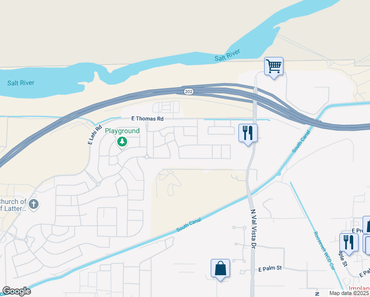map of restaurants, bars, coffee shops, grocery stores, and more near 3319 East Riverdale Street in Mesa