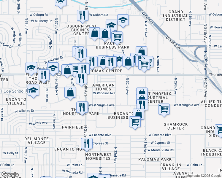 map of restaurants, bars, coffee shops, grocery stores, and more near 3320 West Windsor Avenue in Phoenix