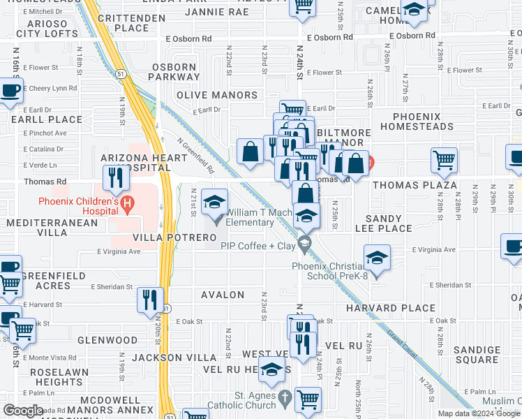 map of restaurants, bars, coffee shops, grocery stores, and more near 2811 North Greenfield Road in Phoenix