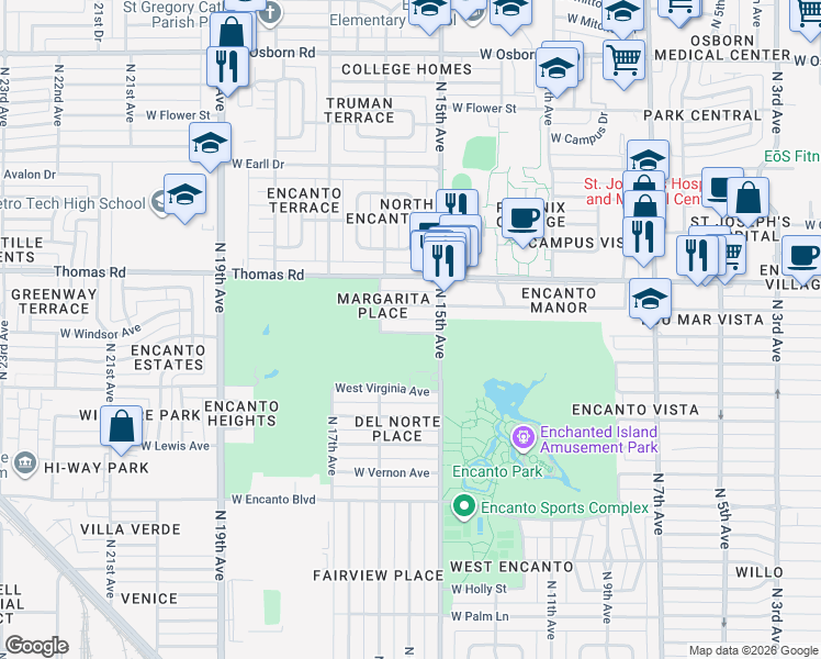 map of restaurants, bars, coffee shops, grocery stores, and more near 1510 West Windsor Avenue in Phoenix