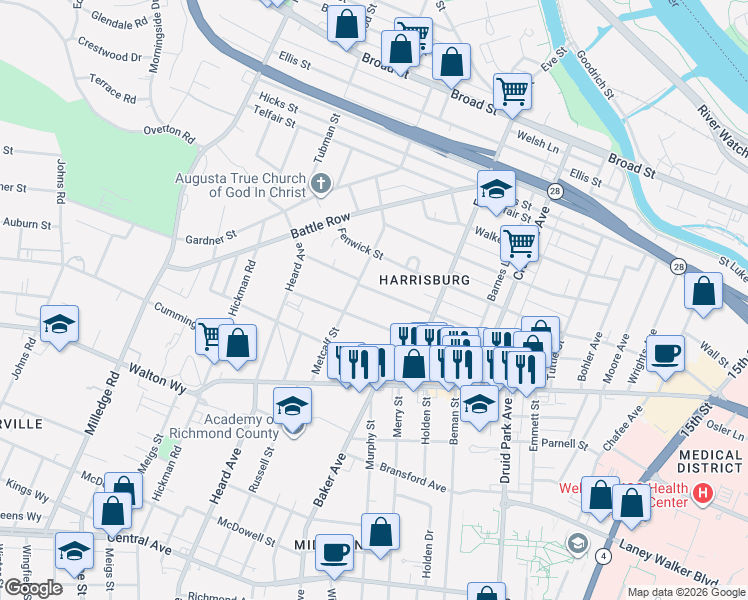 map of restaurants, bars, coffee shops, grocery stores, and more near 1935 Warren Street in Augusta