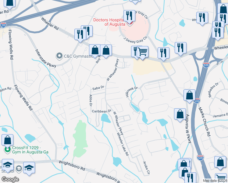 map of restaurants, bars, coffee shops, grocery stores, and more near 109 Barts Drive in Augusta
