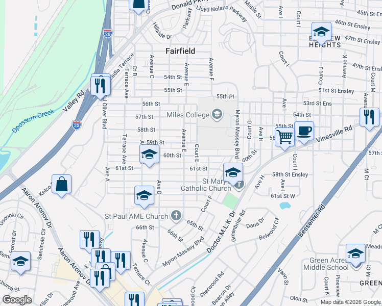 map of restaurants, bars, coffee shops, grocery stores, and more near 501 60th Street Ensley in Fairfield