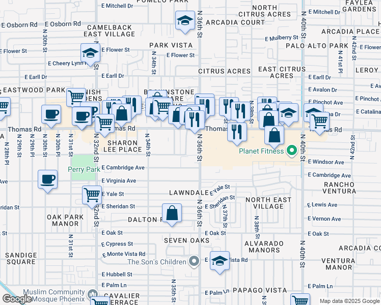 map of restaurants, bars, coffee shops, grocery stores, and more near 2801 North 35th Place in Phoenix