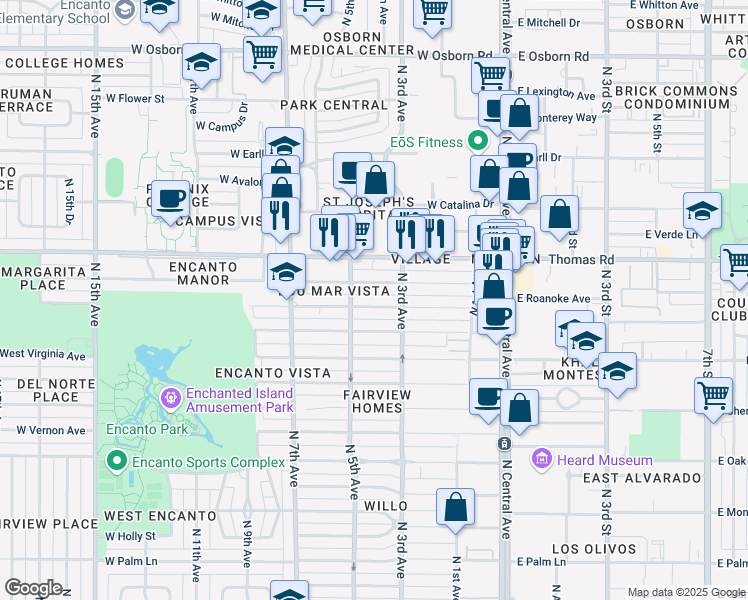 map of restaurants, bars, coffee shops, grocery stores, and more near 341 West Windsor Avenue in Phoenix
