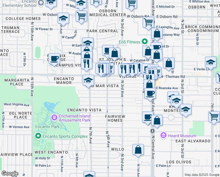 map of restaurants, bars, coffee shops, grocery stores, and more near 341 West Windsor Avenue in Phoenix