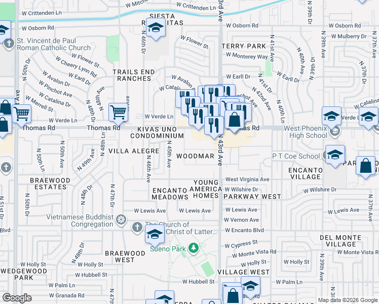 map of restaurants, bars, coffee shops, grocery stores, and more near 2806 North 43rd Avenue in Phoenix