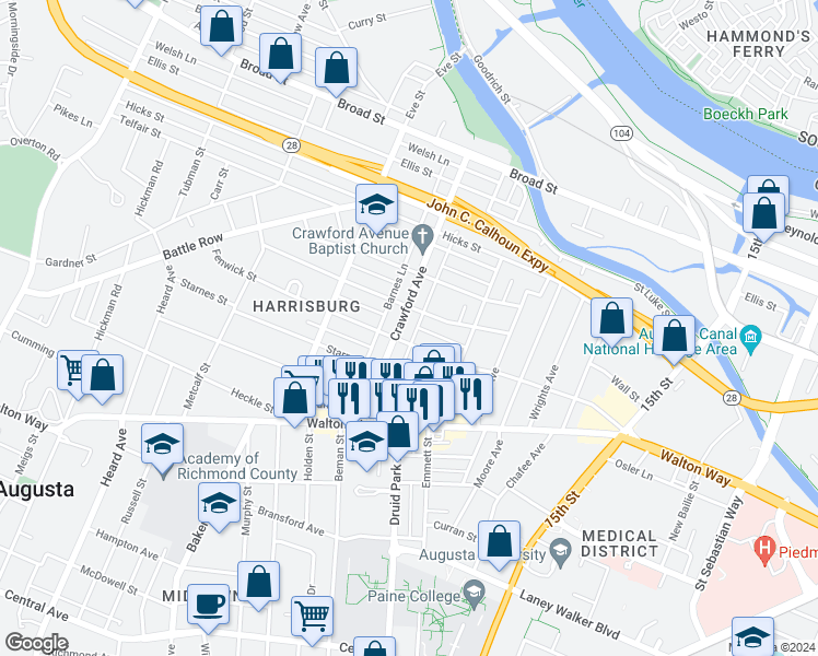 map of restaurants, bars, coffee shops, grocery stores, and more near 1735 Fenwick Street in Augusta