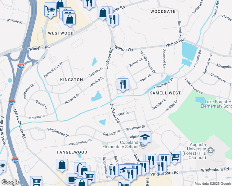 map of restaurants, bars, coffee shops, grocery stores, and more near 3214 West Wimbledon Drive in Augusta
