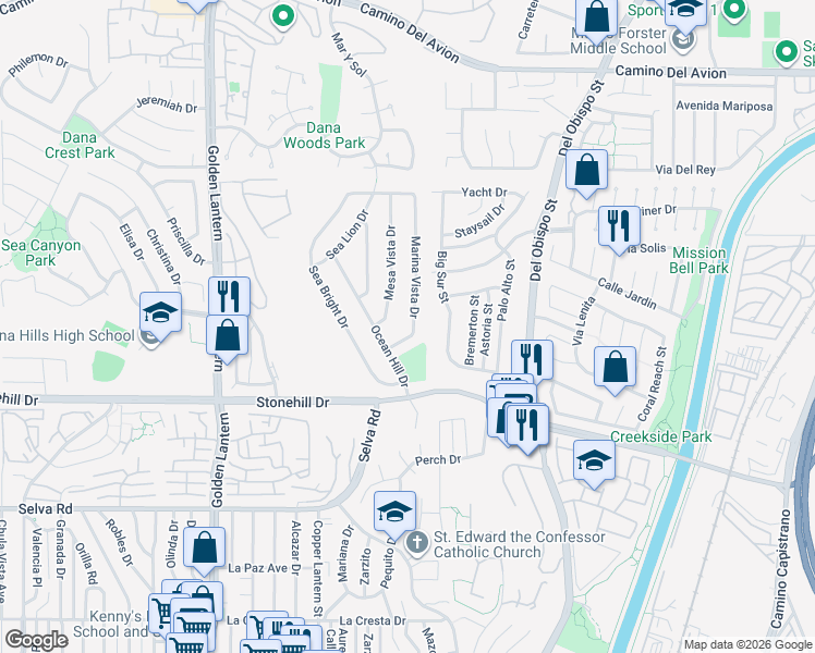 map of restaurants, bars, coffee shops, grocery stores, and more near 33321 Marina Vista Drive in Dana Point