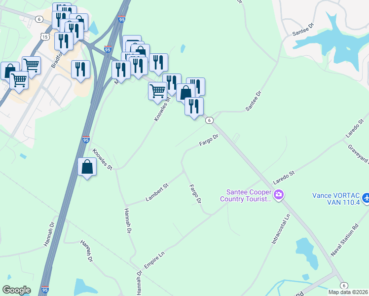 map of restaurants, bars, coffee shops, grocery stores, and more near 192 Fargo Drive in Santee