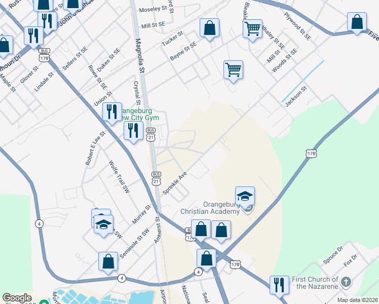map of restaurants, bars, coffee shops, grocery stores, and more near 848 Travers Street Southeast in Orangeburg
