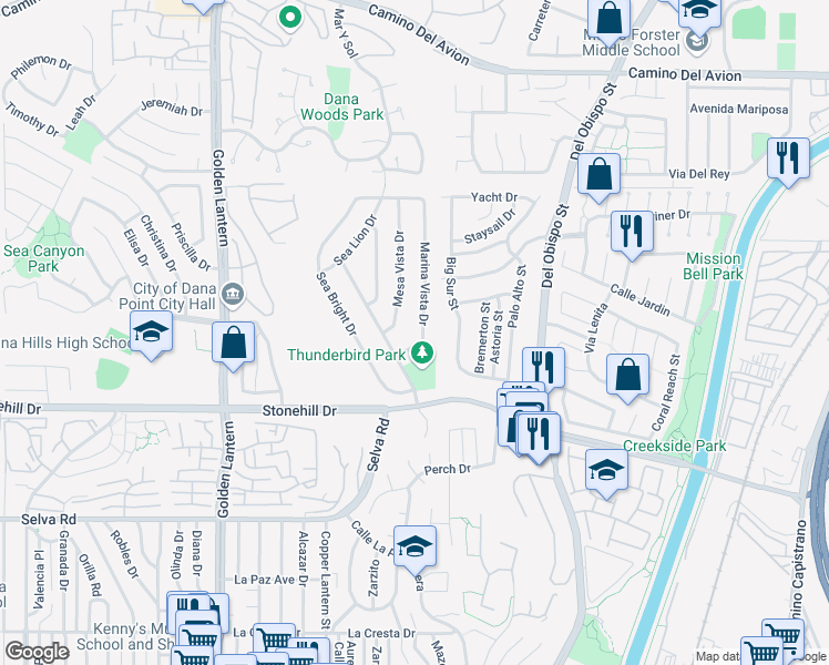 map of restaurants, bars, coffee shops, grocery stores, and more near 33321 Marina Vista Drive in Dana Point
