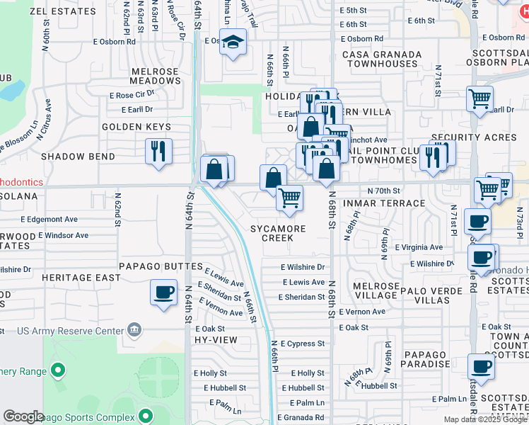 map of restaurants, bars, coffee shops, grocery stores, and more near 212 North 75th Place in Scottsdale