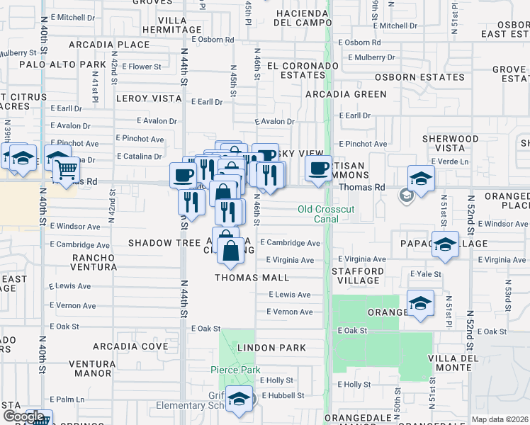 map of restaurants, bars, coffee shops, grocery stores, and more near 4602 East Windsor Avenue in Phoenix
