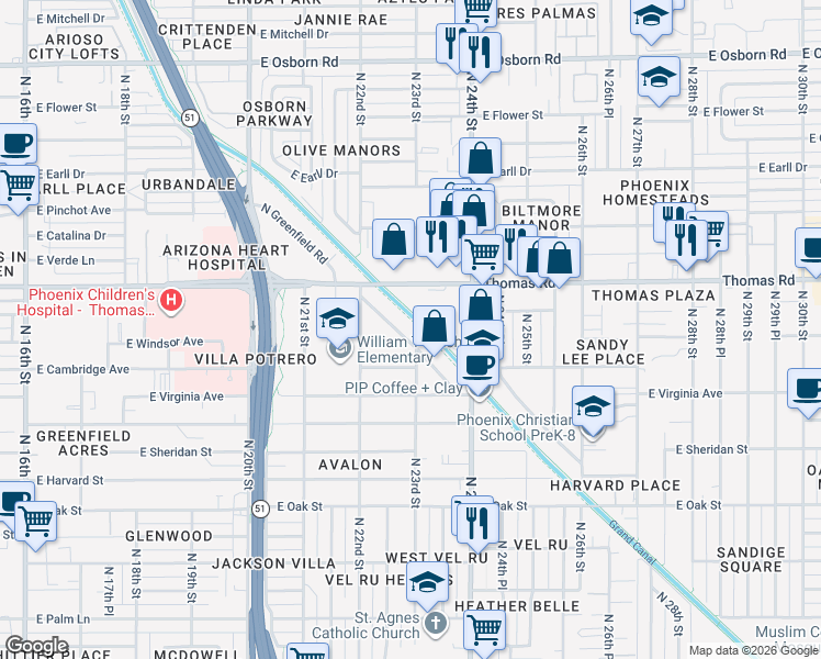 map of restaurants, bars, coffee shops, grocery stores, and more near 2811 North Greenfield Road in Phoenix