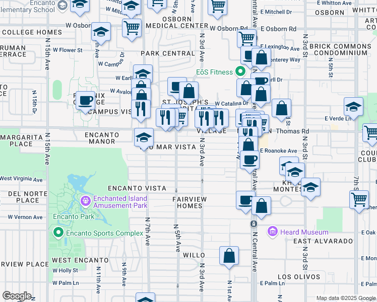 map of restaurants, bars, coffee shops, grocery stores, and more near 341 West Windsor Avenue in Phoenix