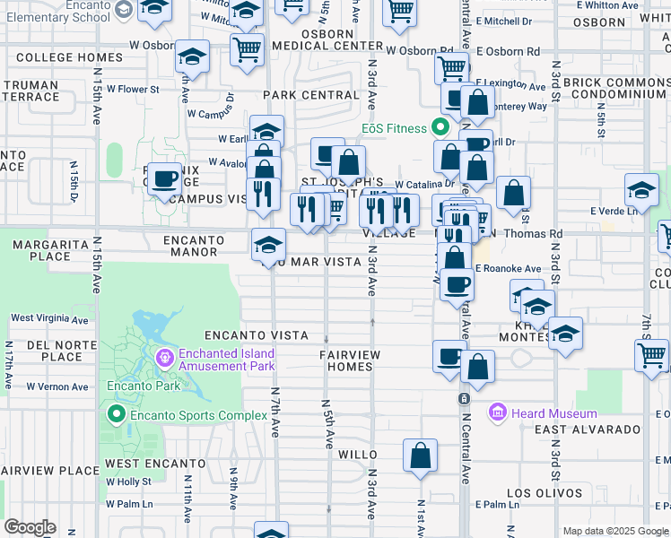 map of restaurants, bars, coffee shops, grocery stores, and more near 341 West Windsor Avenue in Phoenix