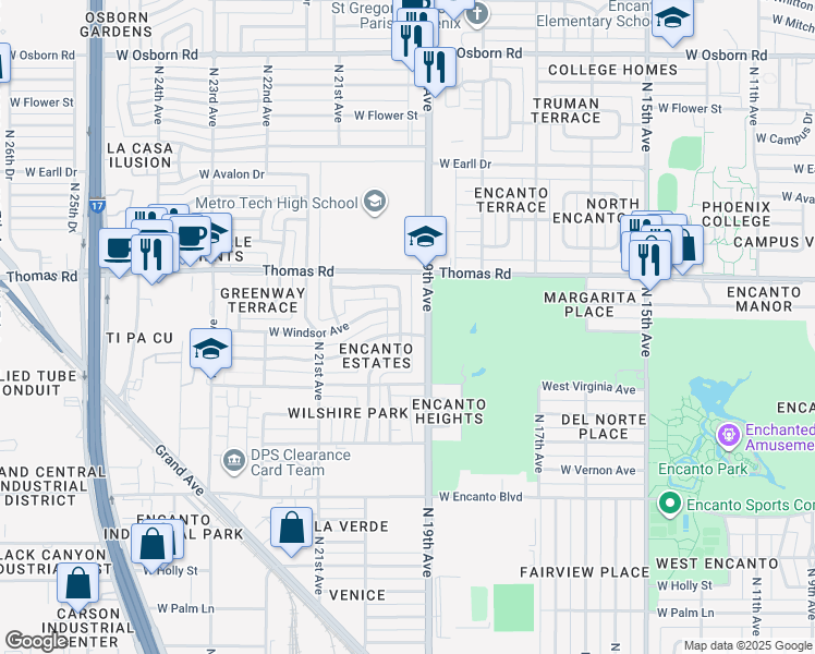 map of restaurants, bars, coffee shops, grocery stores, and more near 1915 West Cambridge Avenue in Phoenix