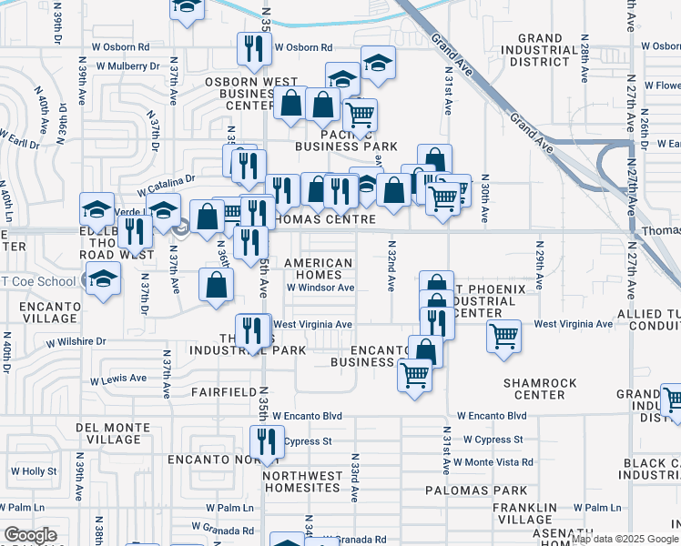 map of restaurants, bars, coffee shops, grocery stores, and more near 3320 West Windsor Avenue in Phoenix