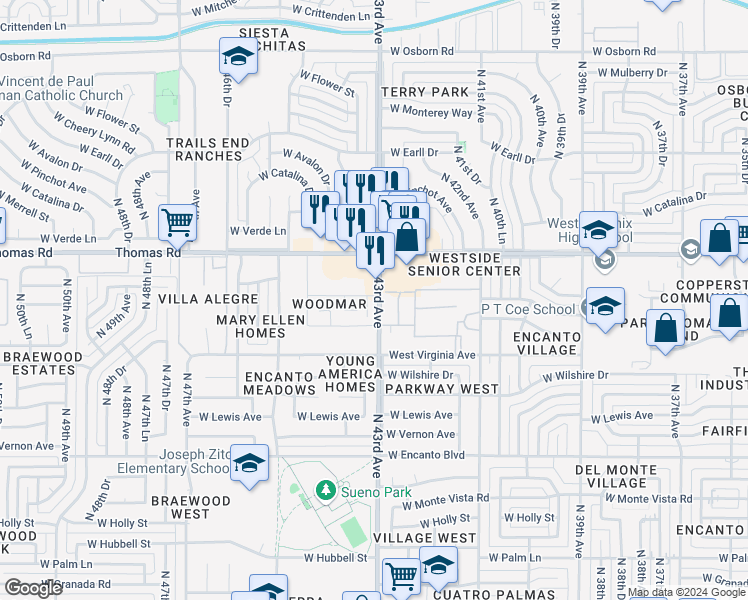 map of restaurants, bars, coffee shops, grocery stores, and more near 2636 North 43rd Avenue in Phoenix