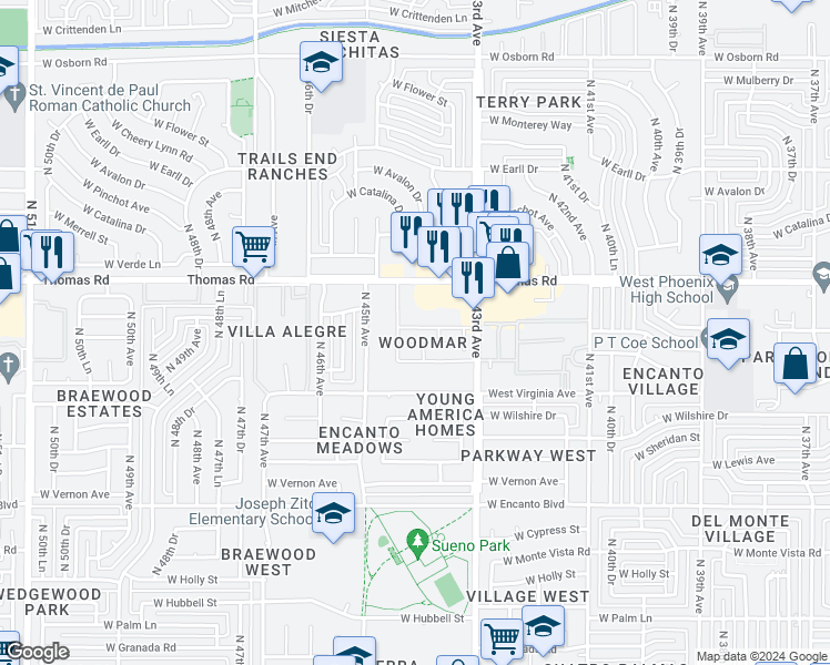 map of restaurants, bars, coffee shops, grocery stores, and more near 2674 North 43rd Avenue in Phoenix