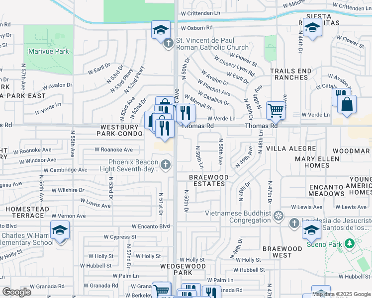 map of restaurants, bars, coffee shops, grocery stores, and more near North 51st Avenue in Phoenix