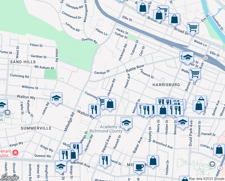 map of restaurants, bars, coffee shops, grocery stores, and more near 817 Hickman Road in Augusta