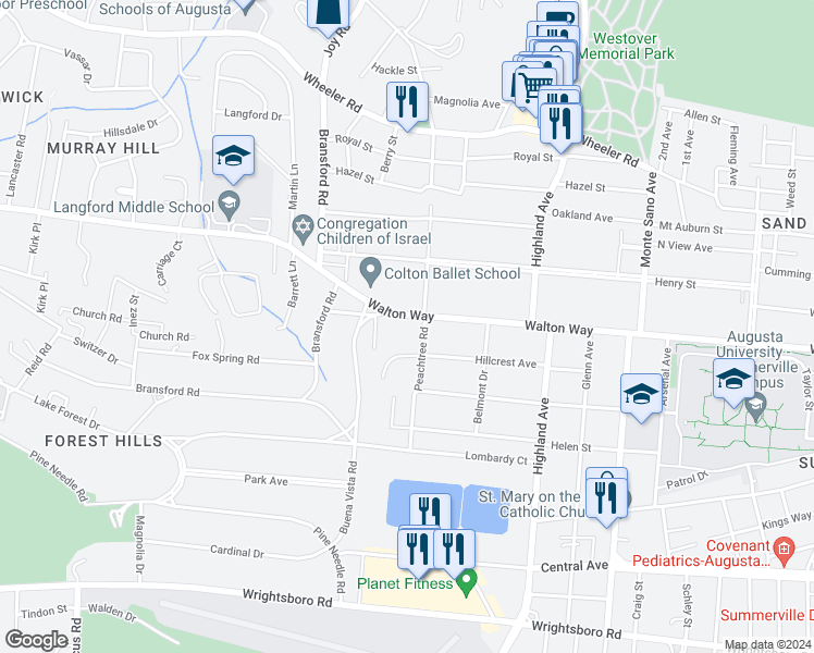 map of restaurants, bars, coffee shops, grocery stores, and more near 2846 Walton Way in Augusta