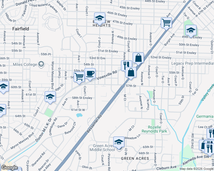 map of restaurants, bars, coffee shops, grocery stores, and more near 5710 Monte Sano Road in Birmingham
