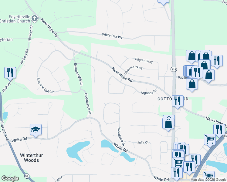 map of restaurants, bars, coffee shops, grocery stores, and more near 150 Normandy Drive in Fayetteville