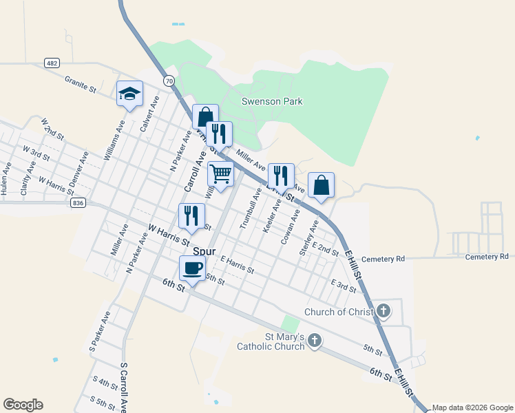 map of restaurants, bars, coffee shops, grocery stores, and more near 600-698 Trumbull Avenue in Spur