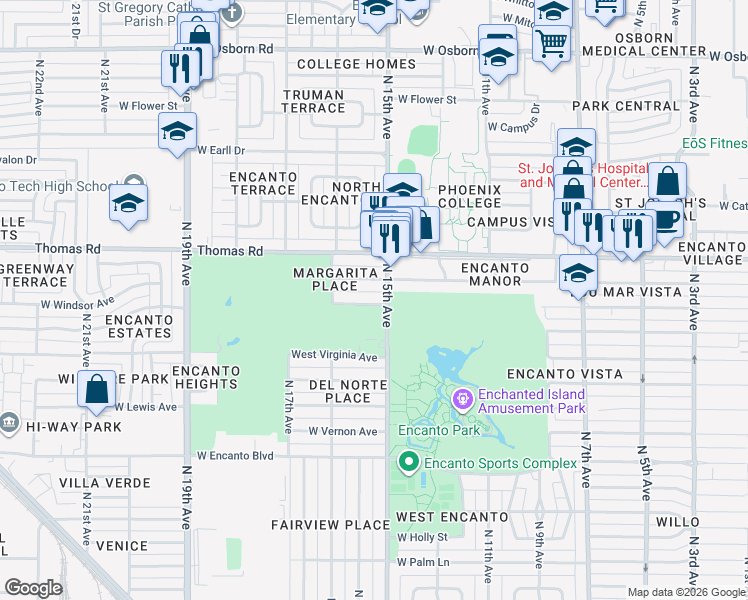 map of restaurants, bars, coffee shops, grocery stores, and more near 1510 West Windsor Avenue in Phoenix