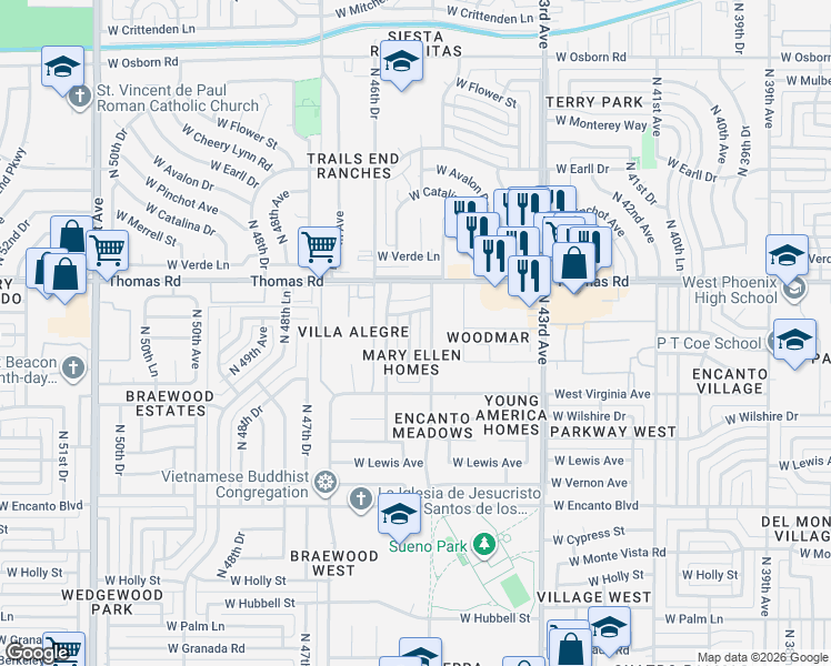 map of restaurants, bars, coffee shops, grocery stores, and more near 2643 North 45th Drive in Phoenix
