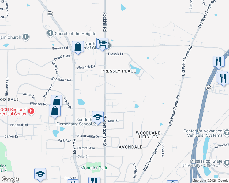 map of restaurants, bars, coffee shops, grocery stores, and more near 109 Tabor Street in Starkville