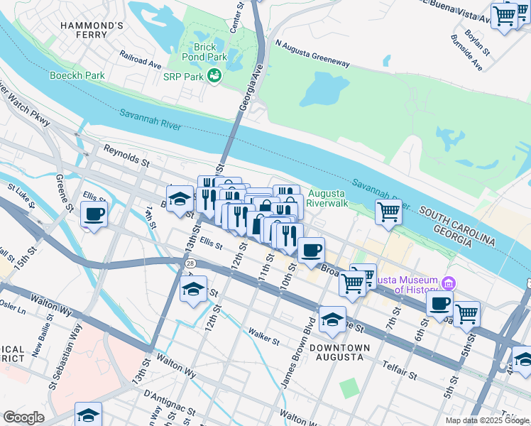 map of restaurants, bars, coffee shops, grocery stores, and more near 114 12th Street in Augusta