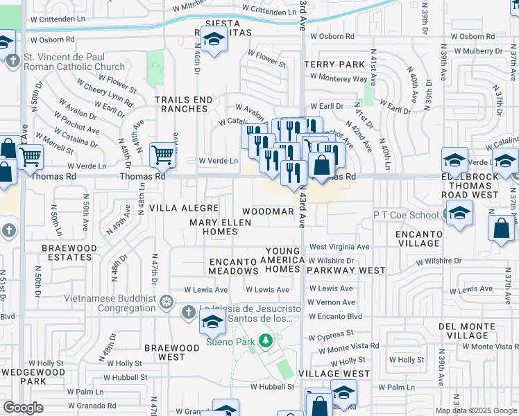map of restaurants, bars, coffee shops, grocery stores, and more near 2806 North 43rd Avenue in Phoenix